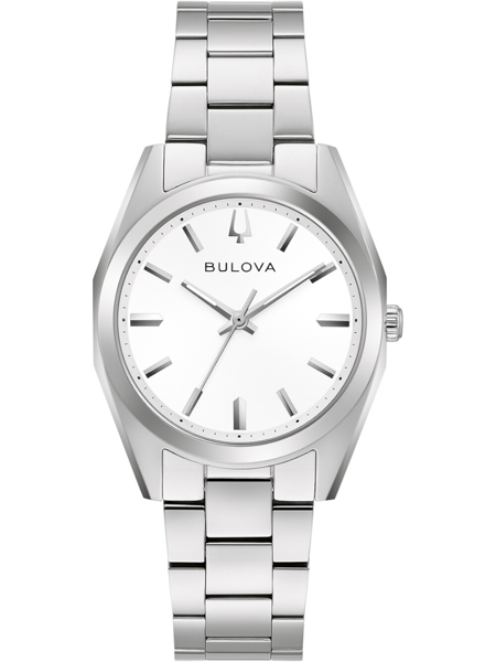 Bulova dameur med hvid skive, metalrem og minimalistiske markører. Elegant og poleret design.