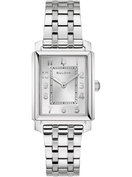 Rektangulært ur med solstråle-urskive, arabertal, symbol kl. 12 og metalrem af sammenkoblede led.