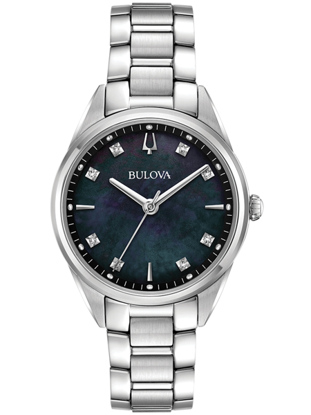 Rund urskive med diamanter, metalarmbånd, "Bulova" synligt.