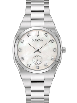 Bulova dameur med lys urskive, sten timeindeks, metalarmbånd og Bulova-logo på urskiven.