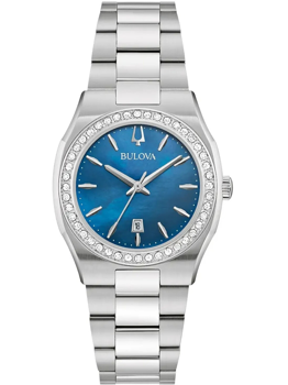 Bulova dameur med blå urskive, metalrem, sten omkring urskiven og datovisning kl. 6.