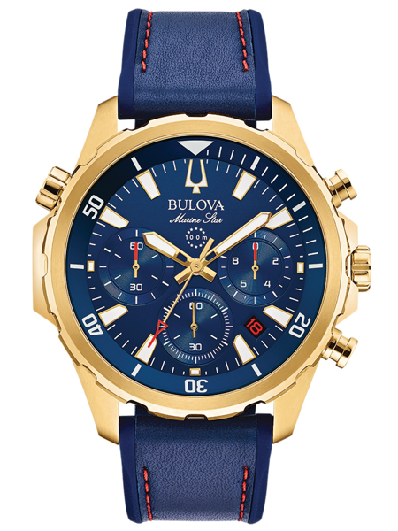 Bulova Marine Star ur med blå urskive, gylden urkasse, blå rem og røde syninger.