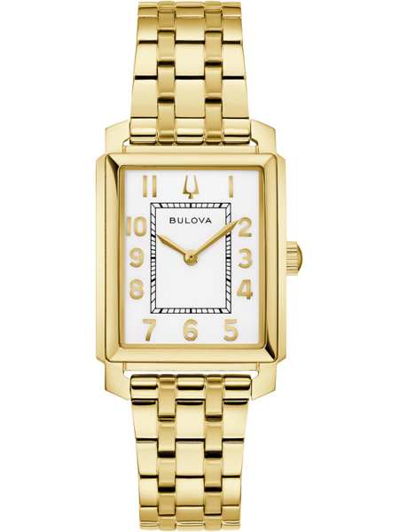 Elegant guldur med rektangulær urskive, gyldne markører, visere og flettet armbånd. Mærket "BULOVA".