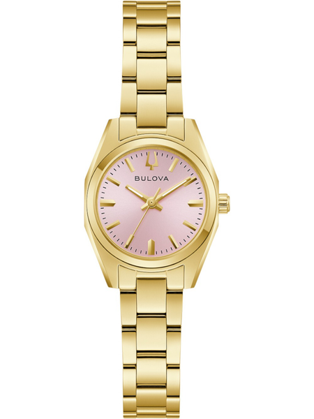 Guldfarvet armbåndsur med lyserød skive, guldfarvede markeringer og Bulova-logo.