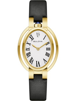 Elegant armbåndsur med oval urskive, romertal, sort rem, gylden urkasse og blå sten på kronen.