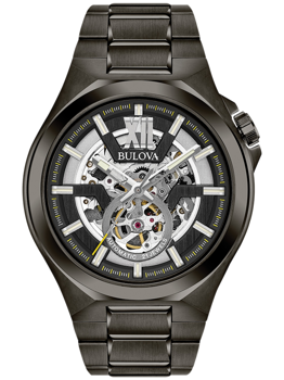 Bulova herreur med skeleturskive, viser indre mekanismer og teksten "Automatic 21 Jewels", metalrem.