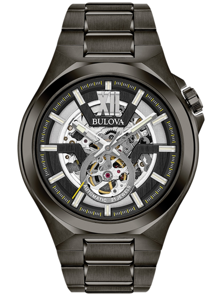 Bulova herreur med skeleturskive, viser indre mekanismer og teksten "Automatic 21 Jewels", metalrem.