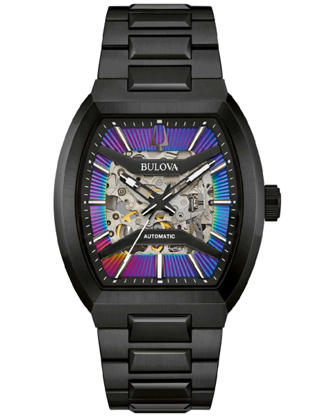 Bulova ur med skeletteret urskive, levende farver og mørk metalrem.
