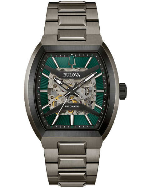 Bulova herreur med grøn urskive, synligt mekanisk urværk, rektangulær urkasse og metalarmbånd.