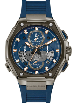 Bulova herreur med blå urskive, suburskiver, datovisning, og teksten "262 kHz" og "300M."