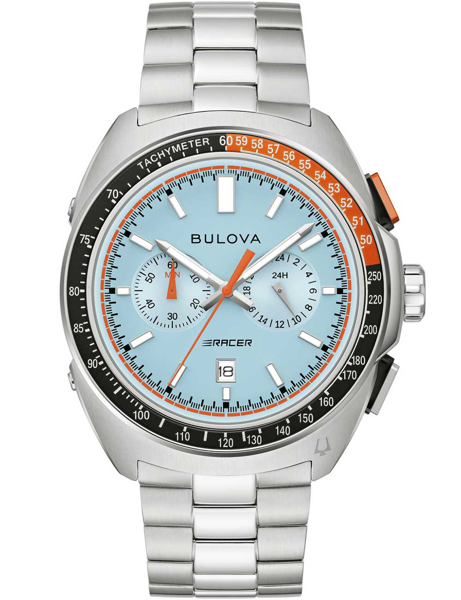 Blå urskive med kronograf, tachymeter på bezel, metal armbånd, Bulova Racer design.