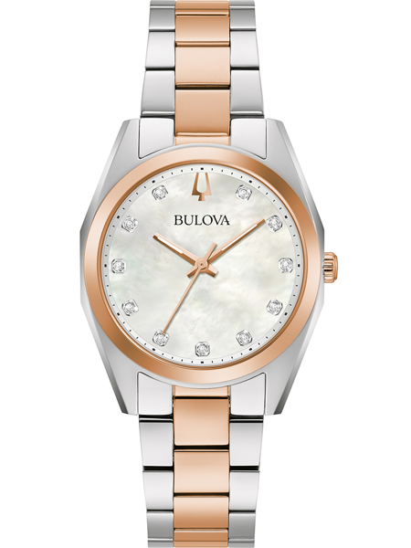 Bulova dameur med sølv og rosaguld rem, diamantmarkører og Bulova logo på urskiven.