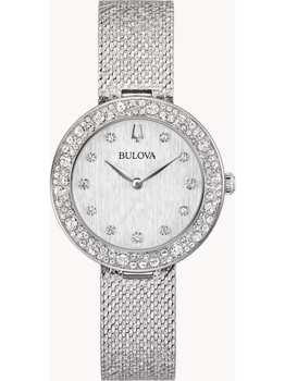 Elegant Bulova dameur med krystalbesat bezel, krystal timeindikatorer og mesh-rem.