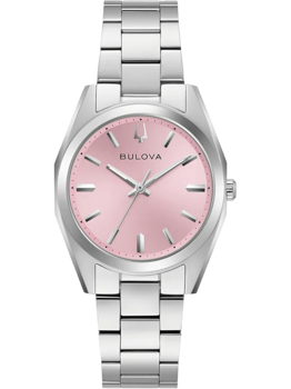 Bulova armbåndsur med lyserød urskive, metallic armbånd og Bulova logo.