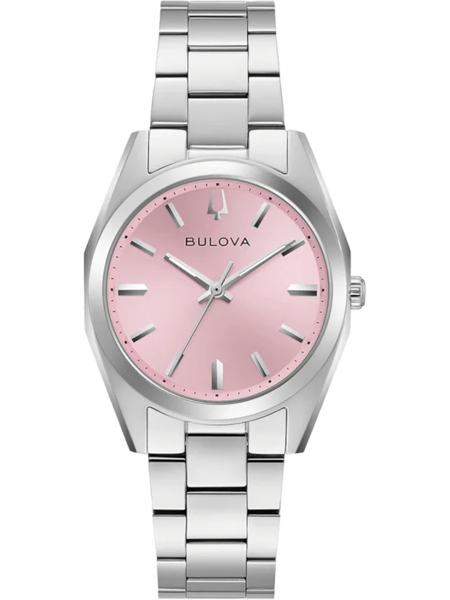 Bulova armbåndsur med lyserød urskive, metallic armbånd og Bulova logo.