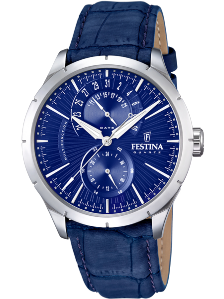 Ur med blå urskive, læderrem, suburskiver, datofunktion, og Festina Quartz logo.