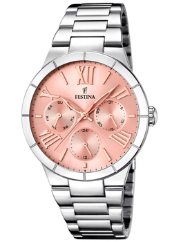 Dameur med pink urskive, romertal, tre sub-skiver og metallisk rem fra Festina.