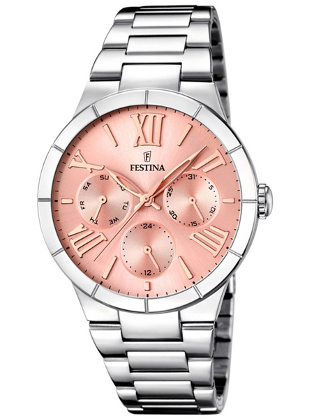 Dameur med pink urskive, romertal, tre sub-skiver og metallisk rem fra Festina.