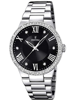 Festina F16719/2 dameur med sort urskive, romertal, sten på urkasse og metalrem med flere led.