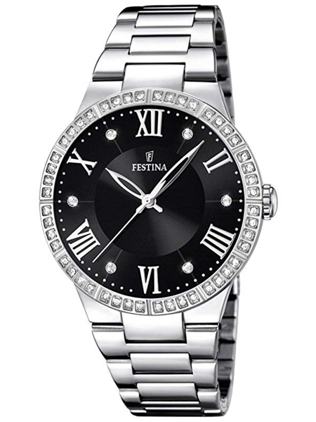 Festina F16719/2 dameur med sort urskive, romertal, sten på urkasse og metalrem med flere led.