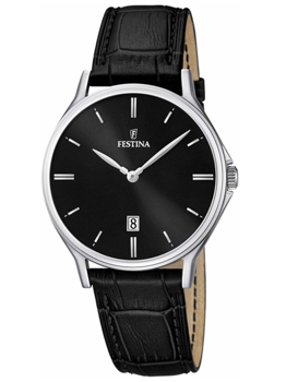 Festina F16745/5 ur med sort urskive, minimalistiske markører, datovisning kl. 6, sort læderrem.