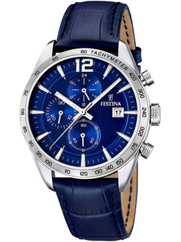 Blåt chronograph-ur med tachymeter, tre subdials og datovindue. Blå læderrem og sølvfarvet urkasse.