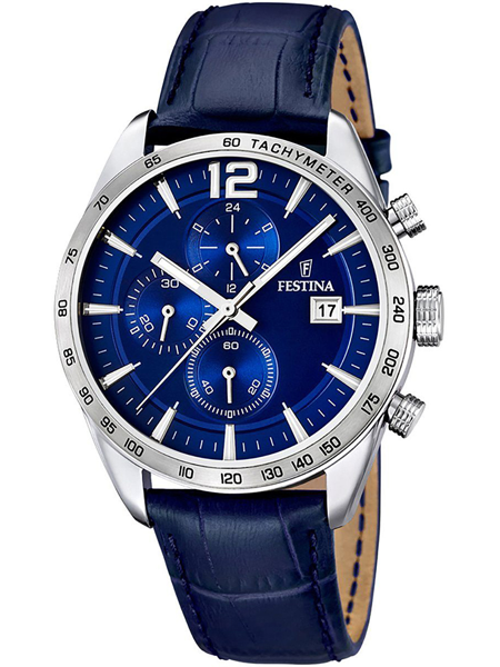 Blåt chronograph-ur med tachymeter, tre subdials og datovindue. Blå læderrem og sølvfarvet urkasse.