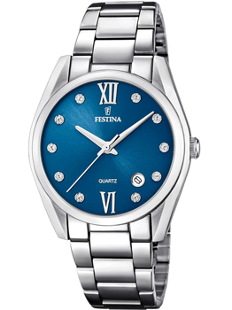 Festina dameur F16790/C med blå urskive, krystaller, romertal og sølvfarvet metalkæde.