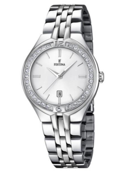 Festina dameur med stenindlæg, skinnende metalrem, Festina-logo og datovindue over kl. 6.