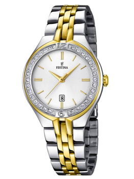 Festina dameur med tofarvet armbånd i guld og sølv, krans med krystaller, hvid urskive.