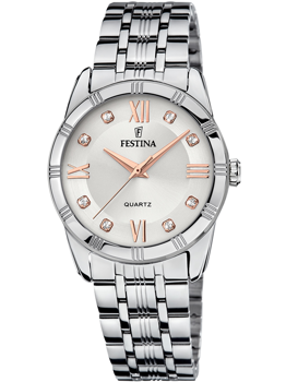 Festina dameur med romertal, små sten, sølvfarvet poleret armbånd, 32mm urskive, 5ATM vandtæt.