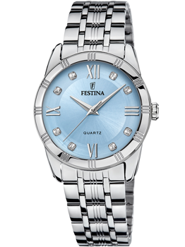 Festina dameur med blå urskive, romertal, stenmarkører og metalarmbånd.