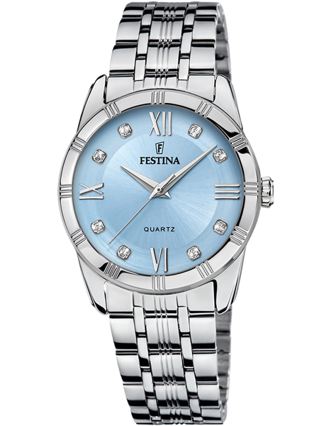 Festina dameur med blå urskive, romertal, stenmarkører og metalarmbånd.