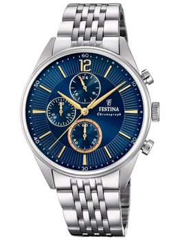 Ur med blå urskive, gyldne markeringer, tre subskiver og teksten "Festina Chronograph".