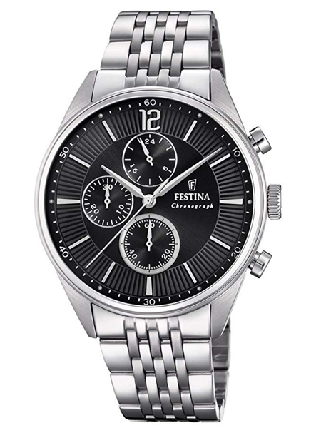 Armbåndsur med metalrem, sort urskive, tre sub-dials, Festina-logo og "Chronograph".