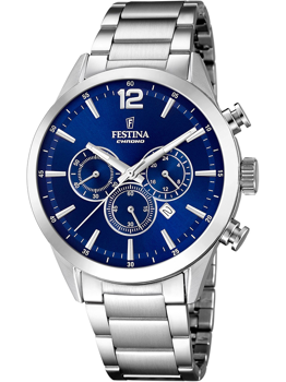 Festina F20343/7 ur med blå urskive, tre sub-dials, metallisk armbånd og datovindue kl. 4.