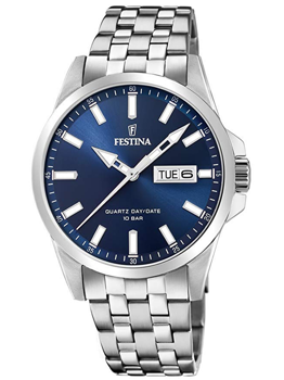 Festina herreur med blå urskive, dag-dato visning, metalarmbånd, og vandtæthed til 10 ATM.