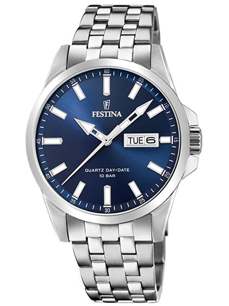 Festina herreur med blå urskive, dag-dato visning, metalarmbånd, og vandtæthed til 10 ATM.