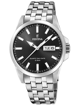 Festina herreur med sort skive, sølvindeks, dag-dato visning og metalrem.