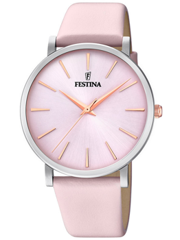 Festina dameur med pink urskive og rem, rosaguld visere og markører, Festina-logo på urskiven.