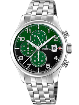Festina ur med grøn/sort skive, tre subdials, datovisning ved 3, sølvfarvet metalrem.