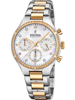 To-tonet Festina Chronograph dameur med guld/sølv armbånd og sten på bezel og time-markeringer.