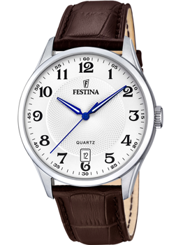 Klassisk Festina herreur med hvid urskive, blå visere, store tal og datovindue kl. 6.