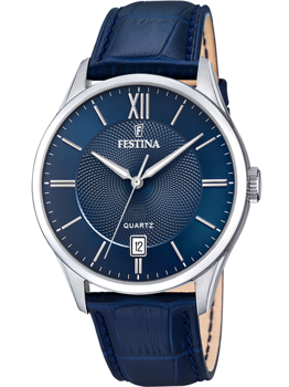 Festina herreur med blå urskive, romertal XII, stregmarkeringer og datovisning kl. 6. Blå læderrem.