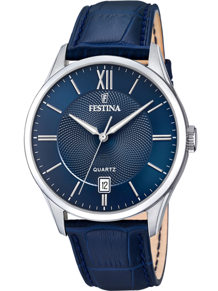 Festina herreur med blå urskive, romertal XII, stregmarkeringer og datovisning kl. 6. Blå læderrem.