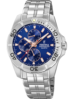 Blå urskive med subdials, tekst "10 BAR RESISTANT" og "QUARTZ", metallænke.