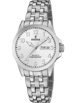 Sølv Festina dameur med datovisning, kvarts urværk og vandtæthed op til 10 ATM.