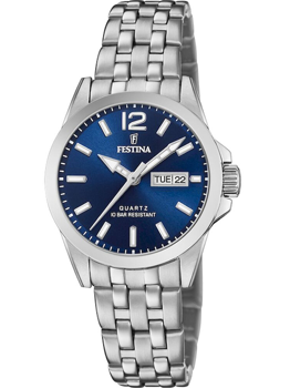 Festina dameur med blå urskive, sølvmarkeringer, datovisning, metalrem og 10 ATM vandtæthed.