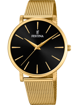 Festina dameur med sort urskive, gylden mesh-rem og "FESTINA" logo på urskiven.