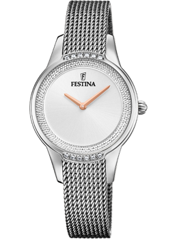 Festina dameur med rund skive, logo, dekorativ krans og mesh-rem.